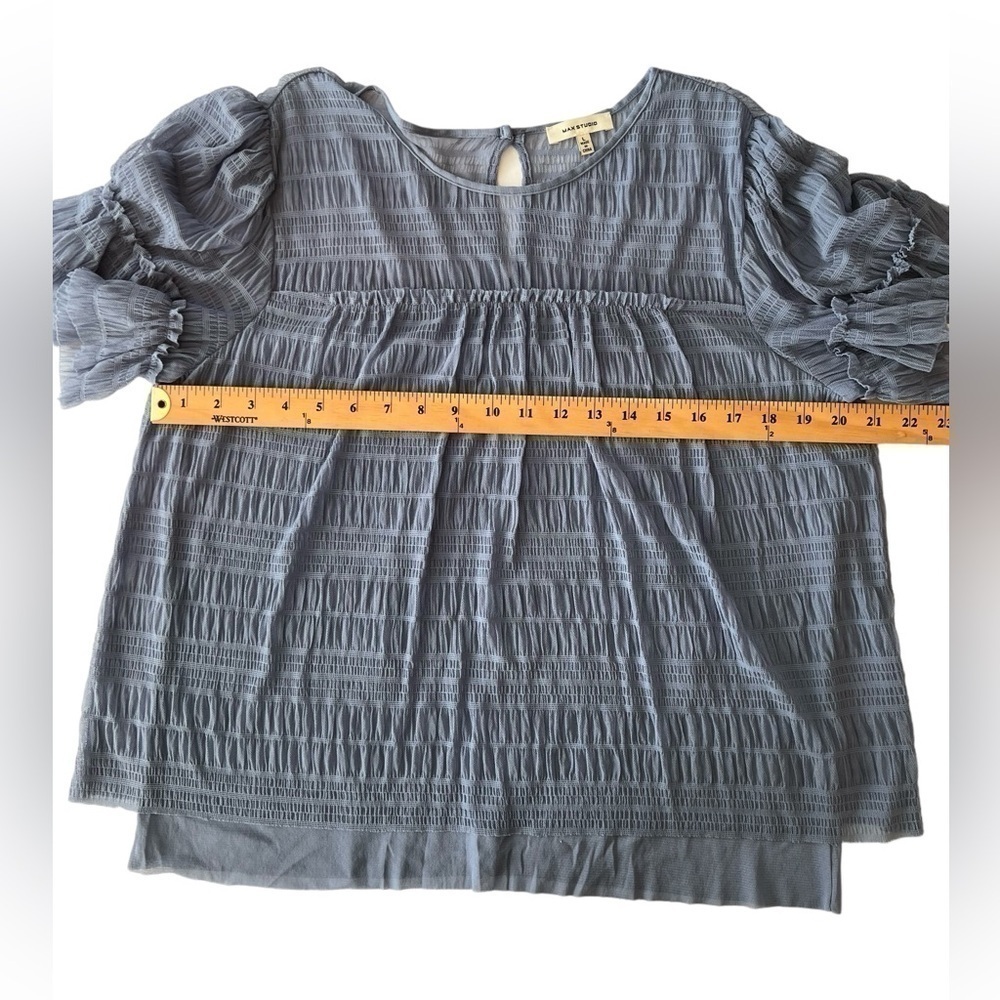 Max Studio Blouse L Cornflower Blue Mesh Flowy Top - Picture 9 of 12